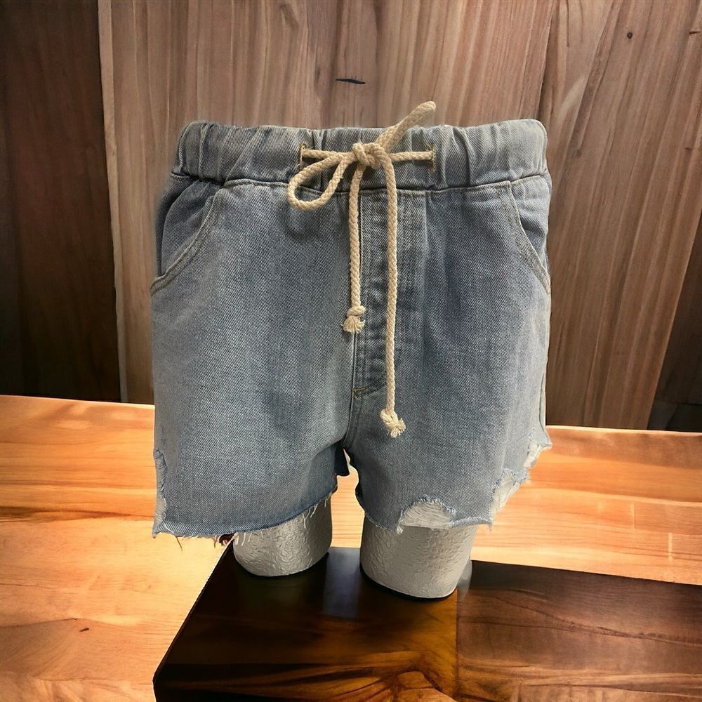 Wish List denim jean shorts,distressed pull on w/ draw string, light blue Size S